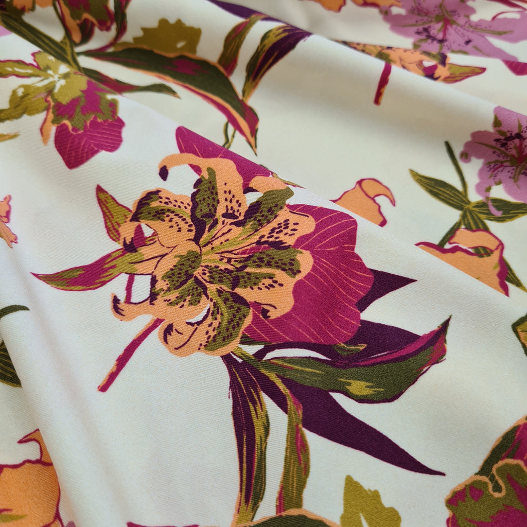 👉 Fiver Fabrics 👈 Orchid Garden Cream Poly Jersey, priced by metre