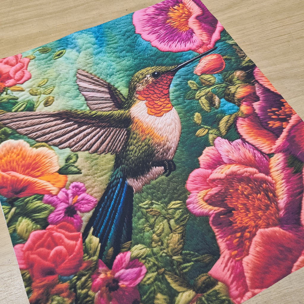 👉 PRINT ON DEMAND 👈 TOTE Embroidered Hummingbird 1 Fabric Bag Panel