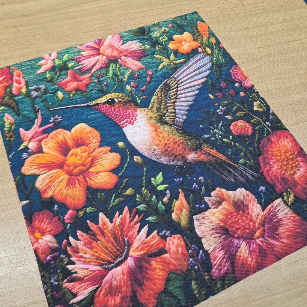 👉 PRINT ON DEMAND 👈 TOTE Embroidered Hummingbird 2 Fabric Bag Panel