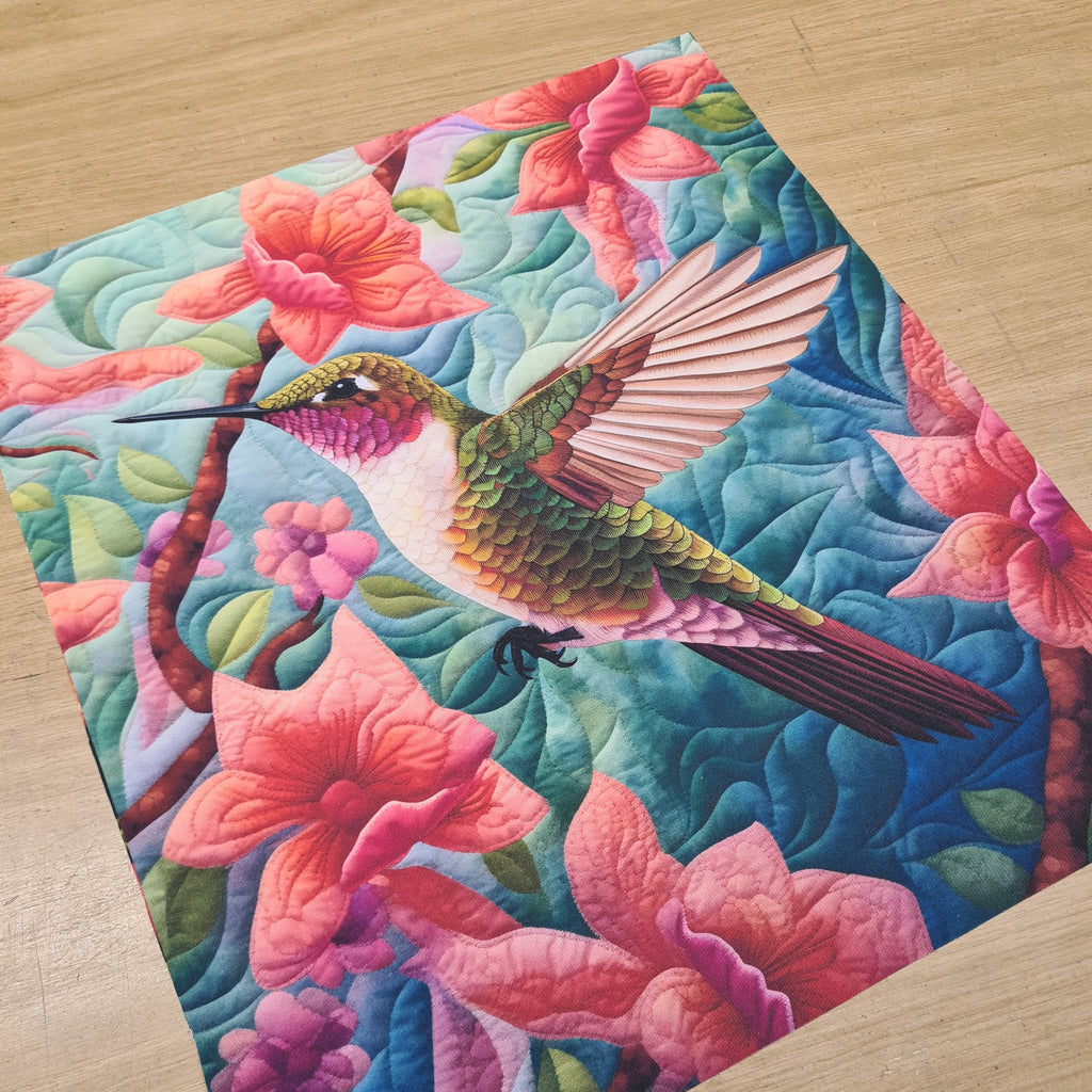 👉 PRINT ON DEMAND 👈 TOTE Quilted Hummingbird Green Fabric Bag Panel