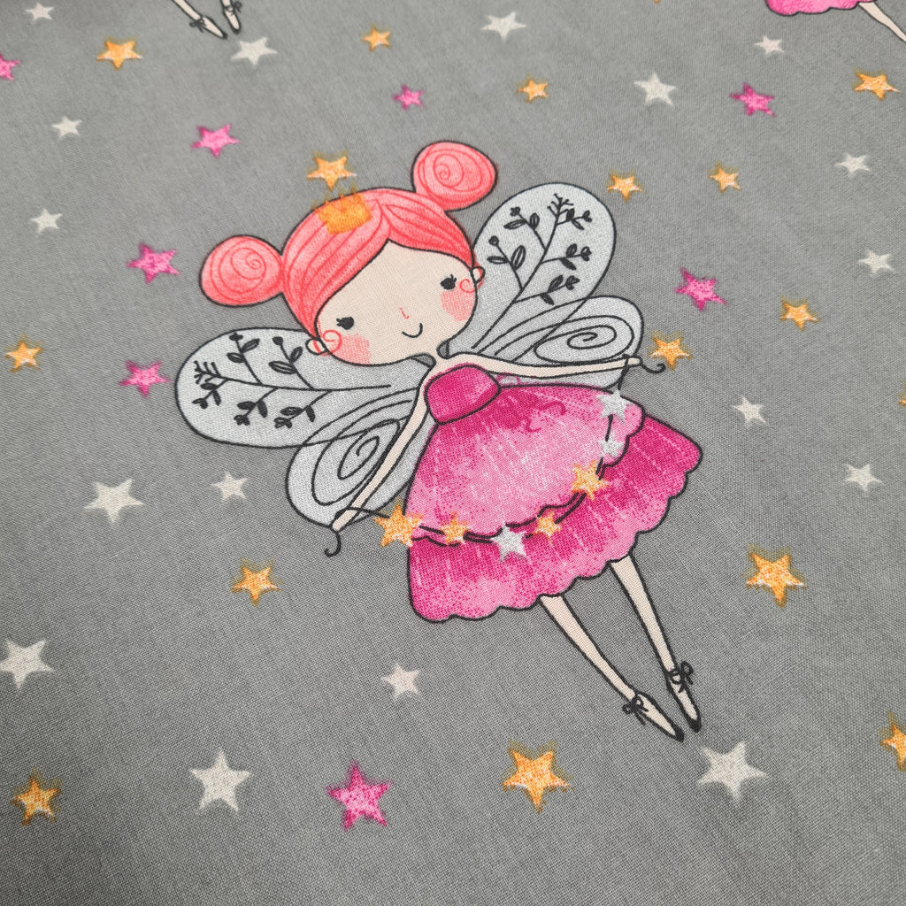 Fairies on Grey Cotton, priced by half metre