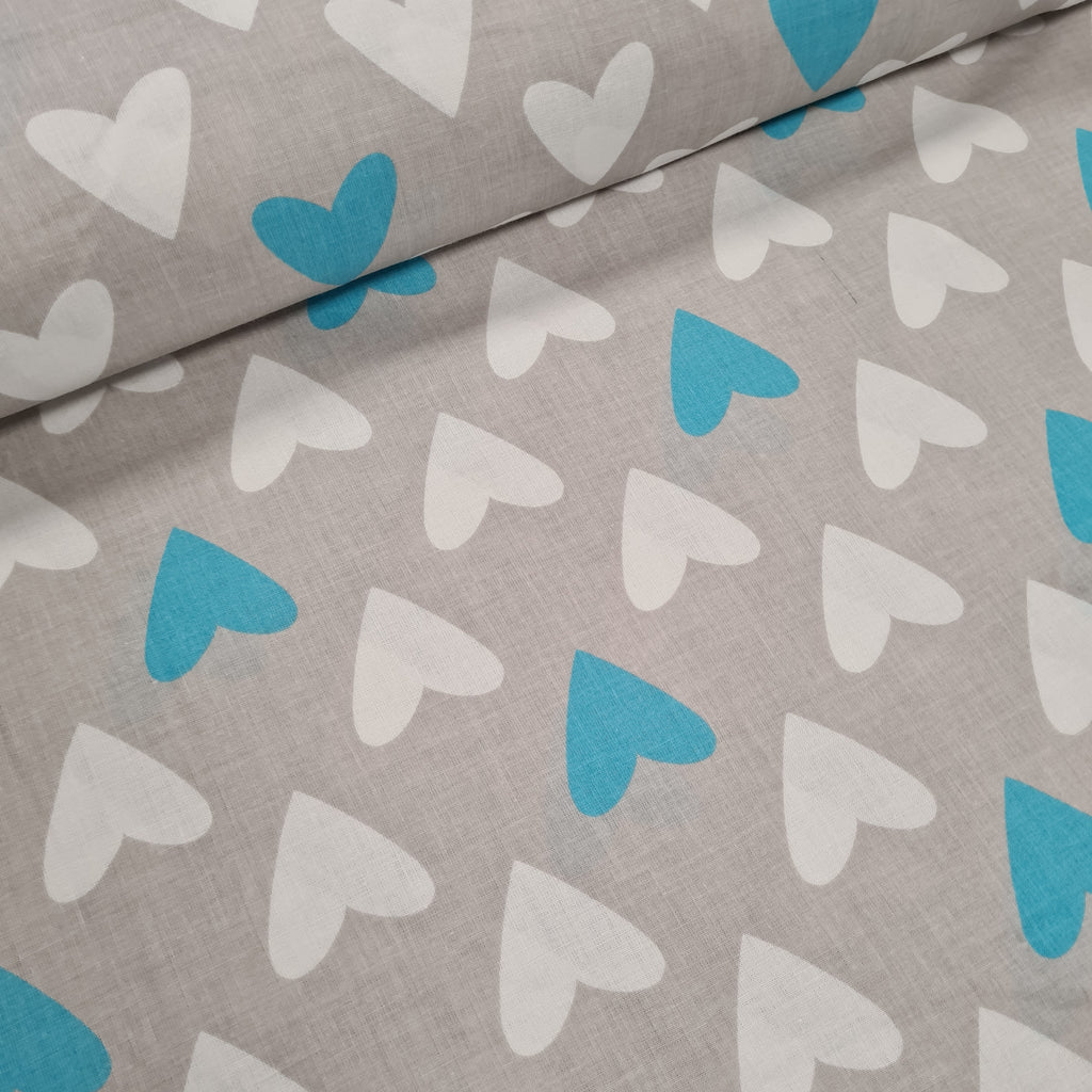 Blue and White Hearts on Grey Cotton, priced by half metre