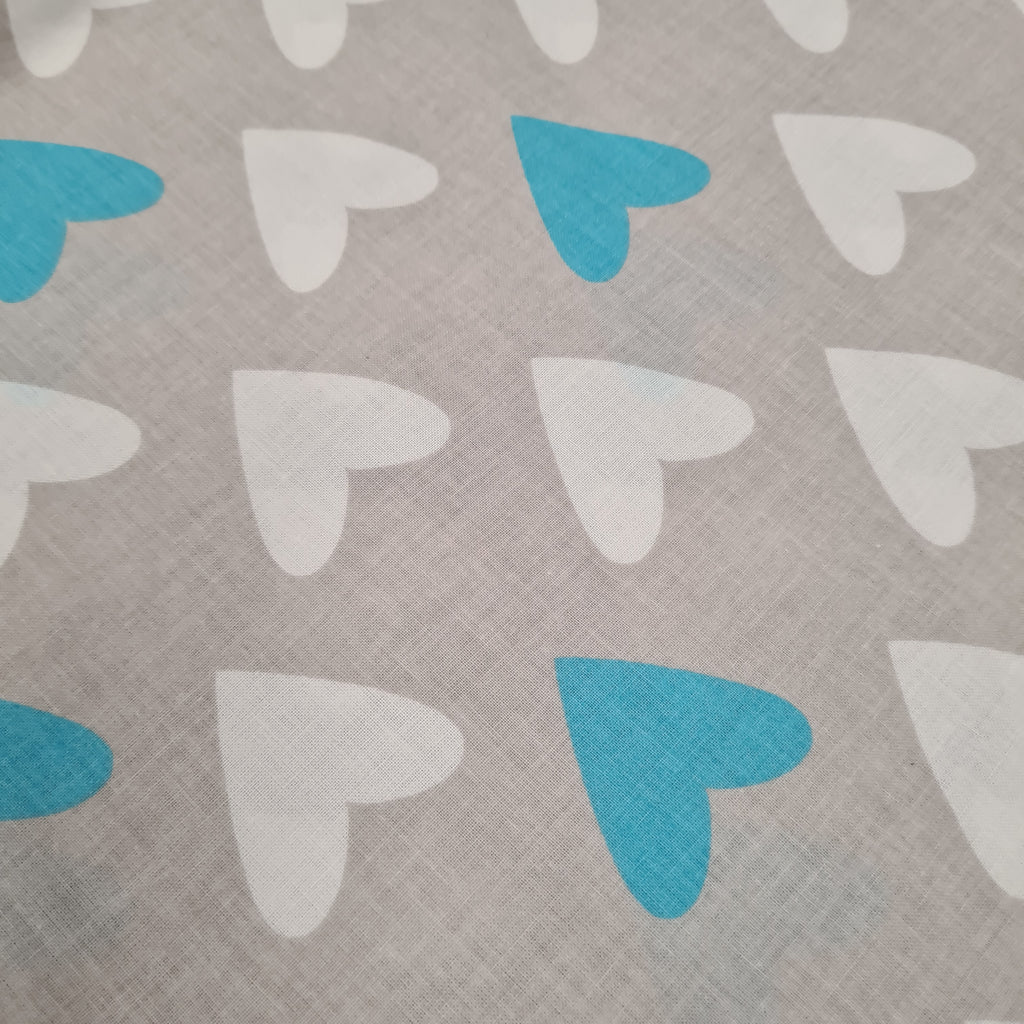 Blue and White Hearts on Grey Cotton, priced by half metre