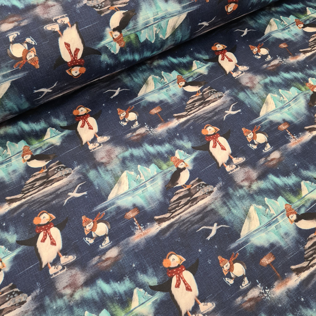 Puffins Ice Skating Cotton Blend French Terry Jersey, priced by half metre