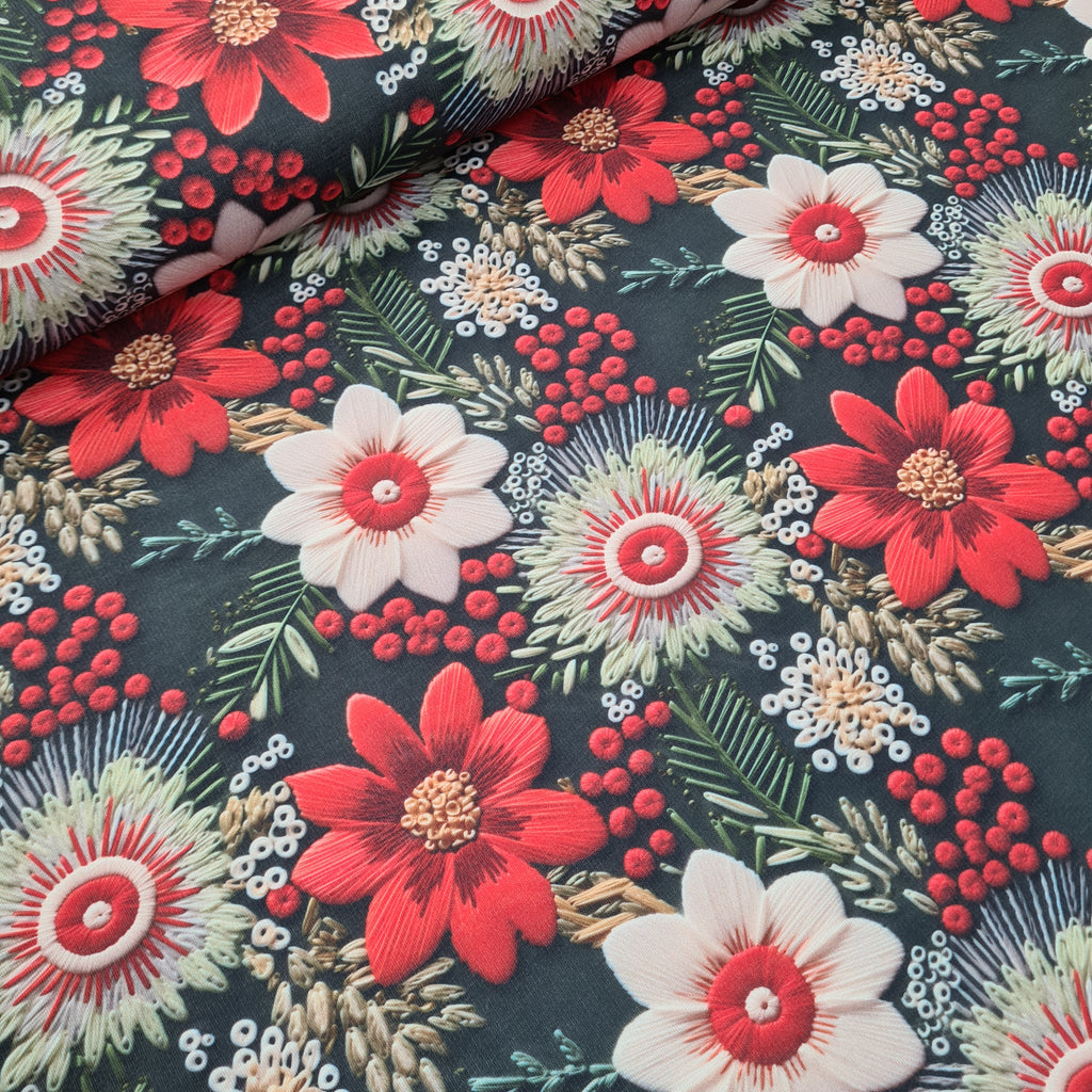 Yuletide Bouquet Cotton Blend French Terry Jersey, priced by half metre
