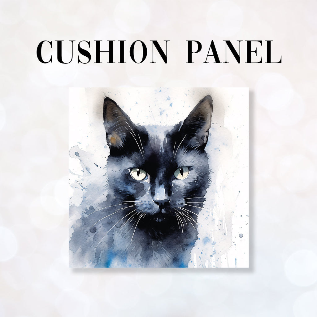 👉 PRINT ON DEMAND 👈 CUSHION Fabric Panel Black Cat Watercolour