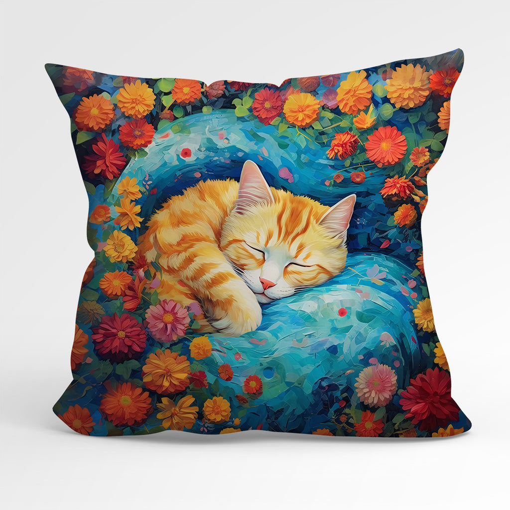 👉 PRINT ON DEMAND 👈 CUSHION Fabric Panel Cat And Flowers CP-64