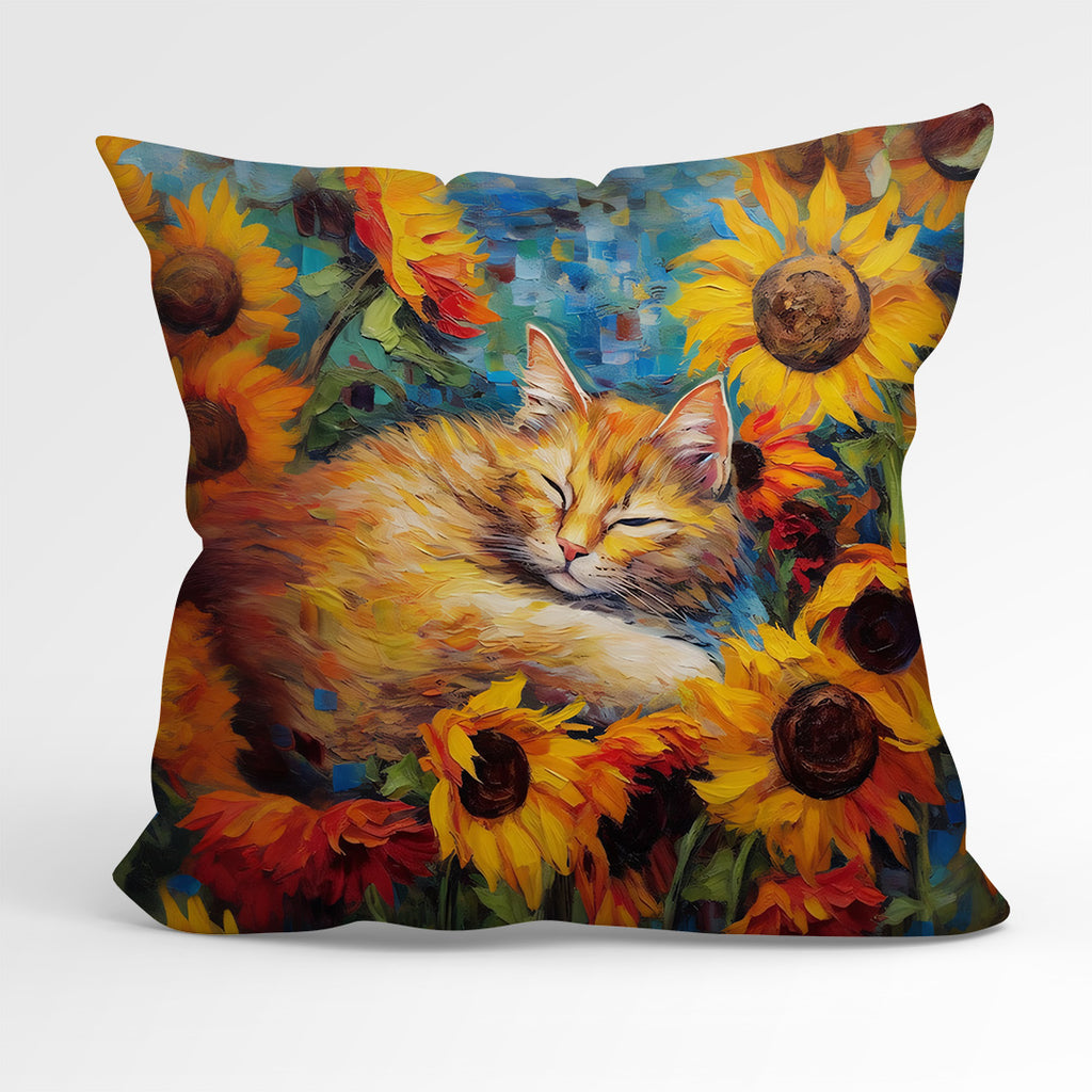 👉 PRINT ON DEMAND 👈 CUSHION Fabric Panel Cat And Sunflowers