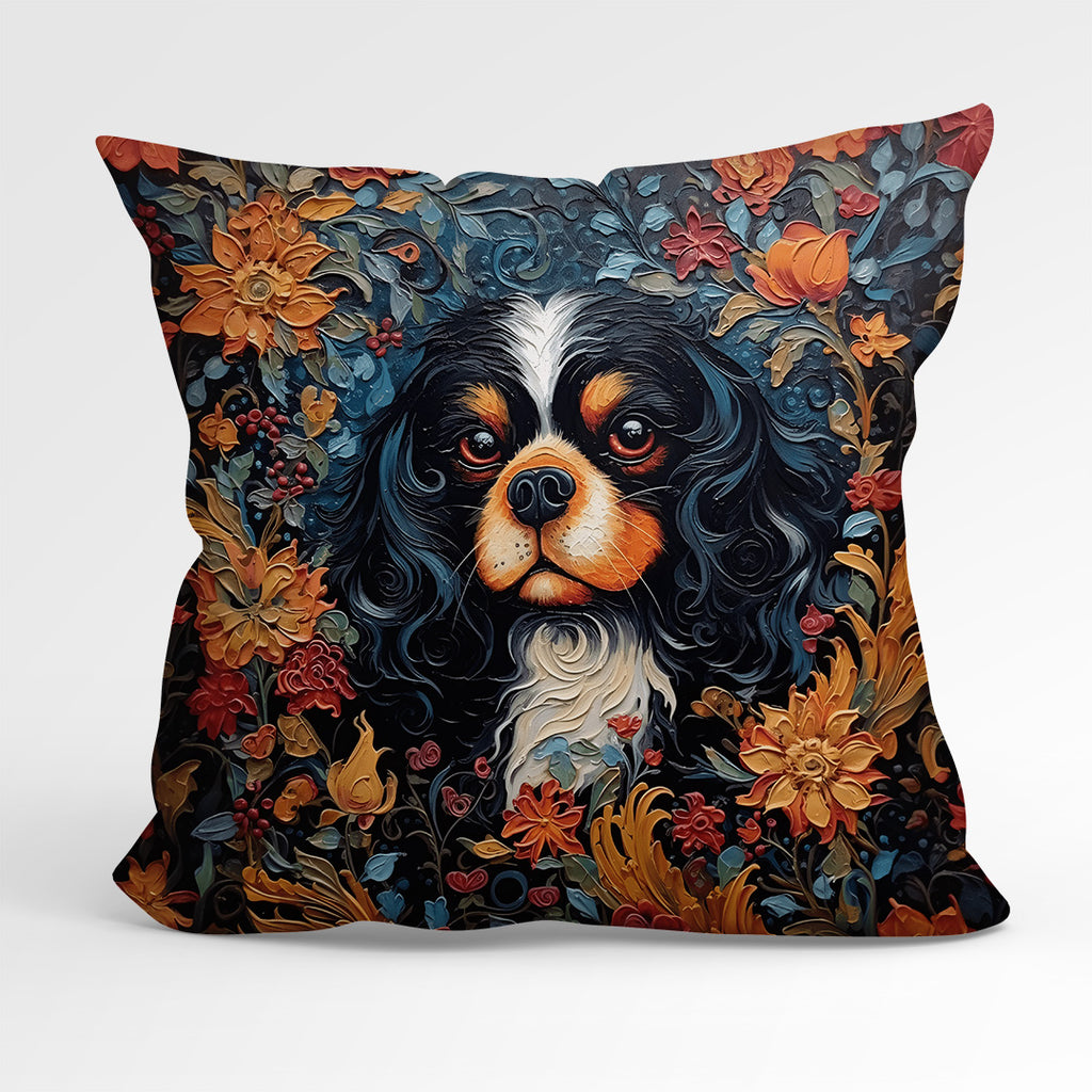 👉 PRINT ON DEMAND 👈 CUSHION Fabric Panel Floral Black and Tan King Charles Cavalier CP-81