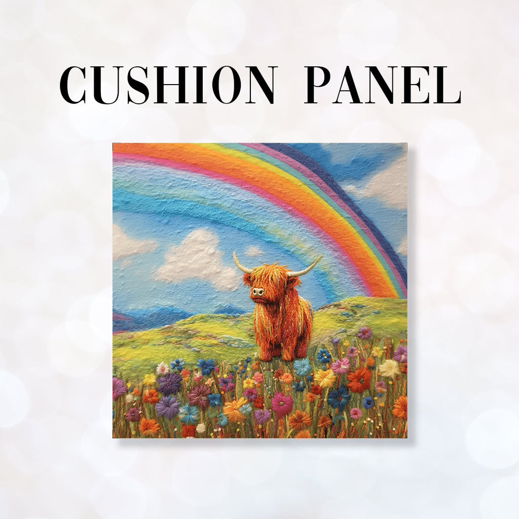 👉 PRINT ON DEMAND 👈 CUSHION Fabric Panel Felted Rainbow Highland Cow CP-84