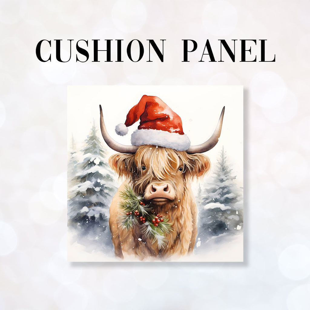 👉 PRINT ON DEMAND 👈 CUSHION Fabric Panel Christmas Highland Cow HC-2