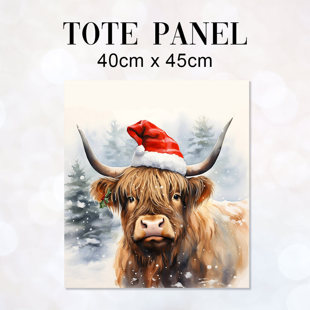 👉 PRINT ON DEMAND 👈 TOTE Christmas Highland Cow H-1 Fabric Bag Panel