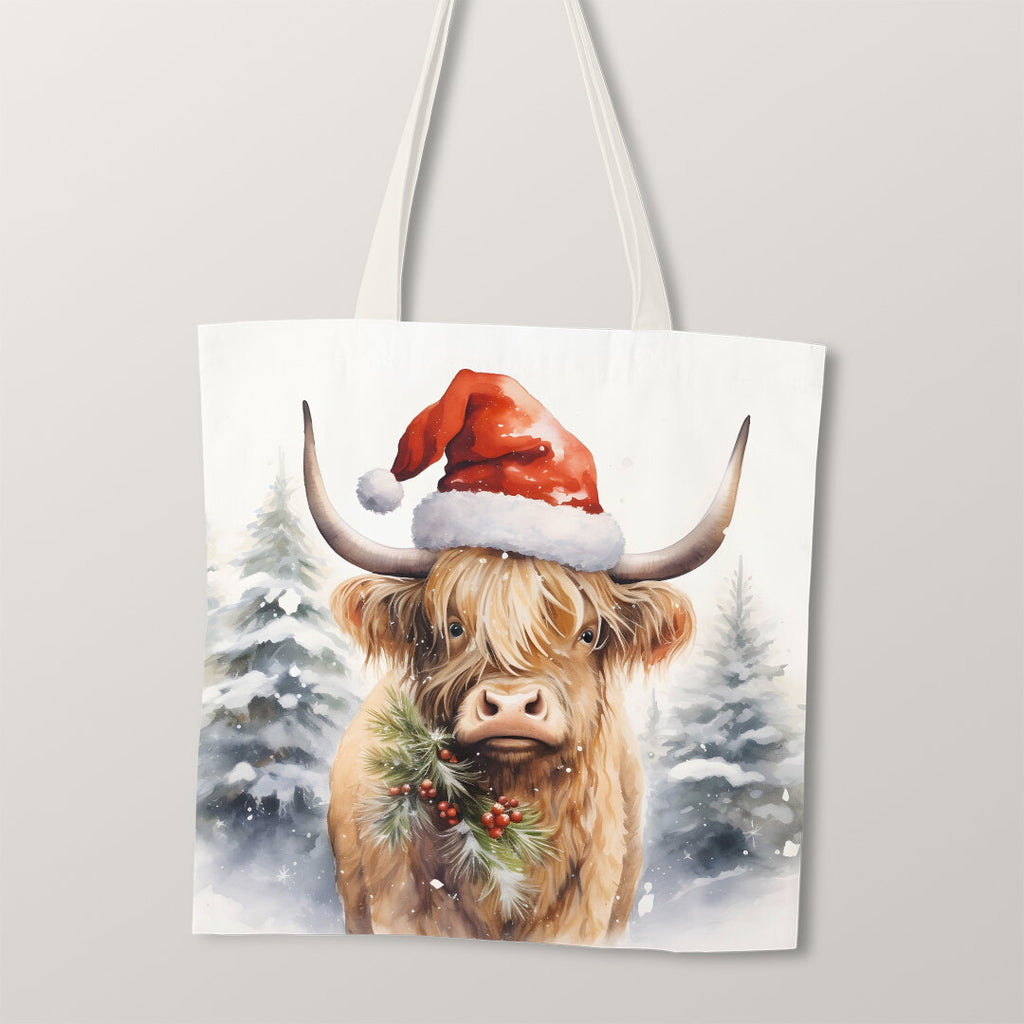 👉 PRINT ON DEMAND 👈 TOTE Christmas Highland Cow H-2 Fabric Bag Panel