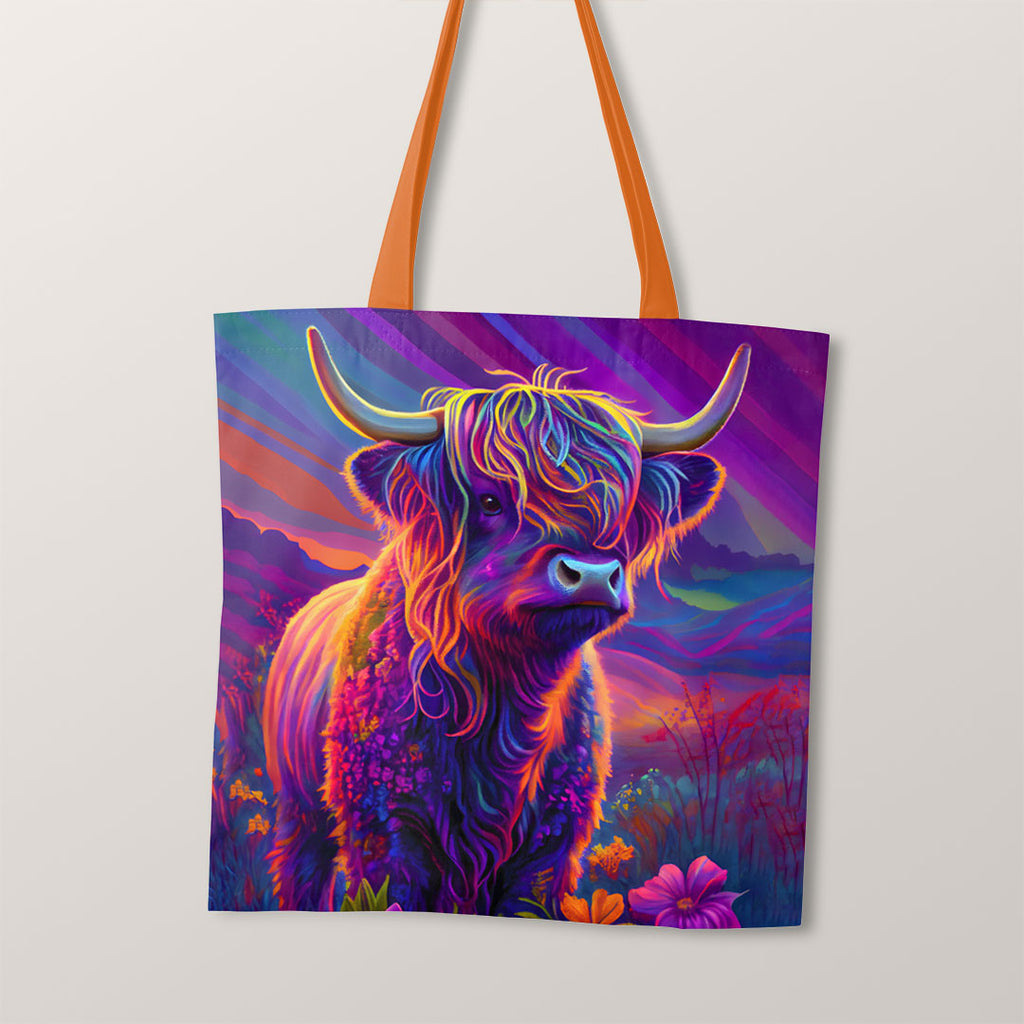 👉 PRINT ON DEMAND 👈 TOTE Colourful Highland Cow Fabric Bag Panel