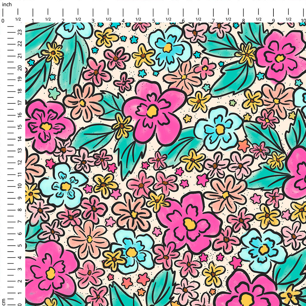 👉 PRINT ON DEMAND 👈 Doodle Flowers Cream Various Fabric Bases