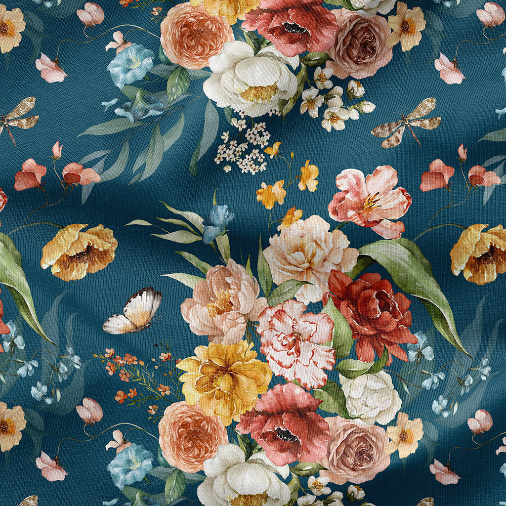 👉 PRINT ON DEMAND 👈 Dutch Floral Teal Various Fabric Bases