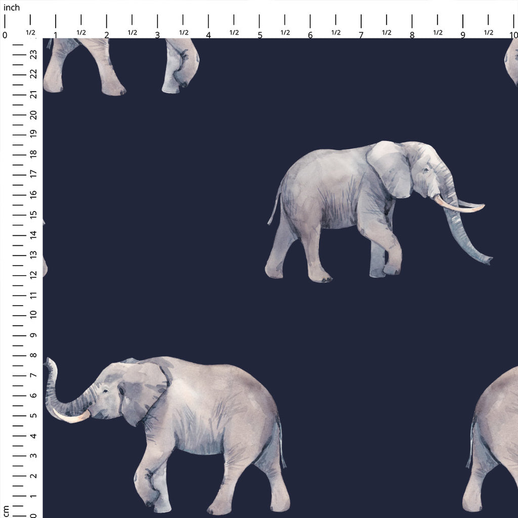 👉 PRINT ON DEMAND 👈 Elephants Navy Various Fabric Bases