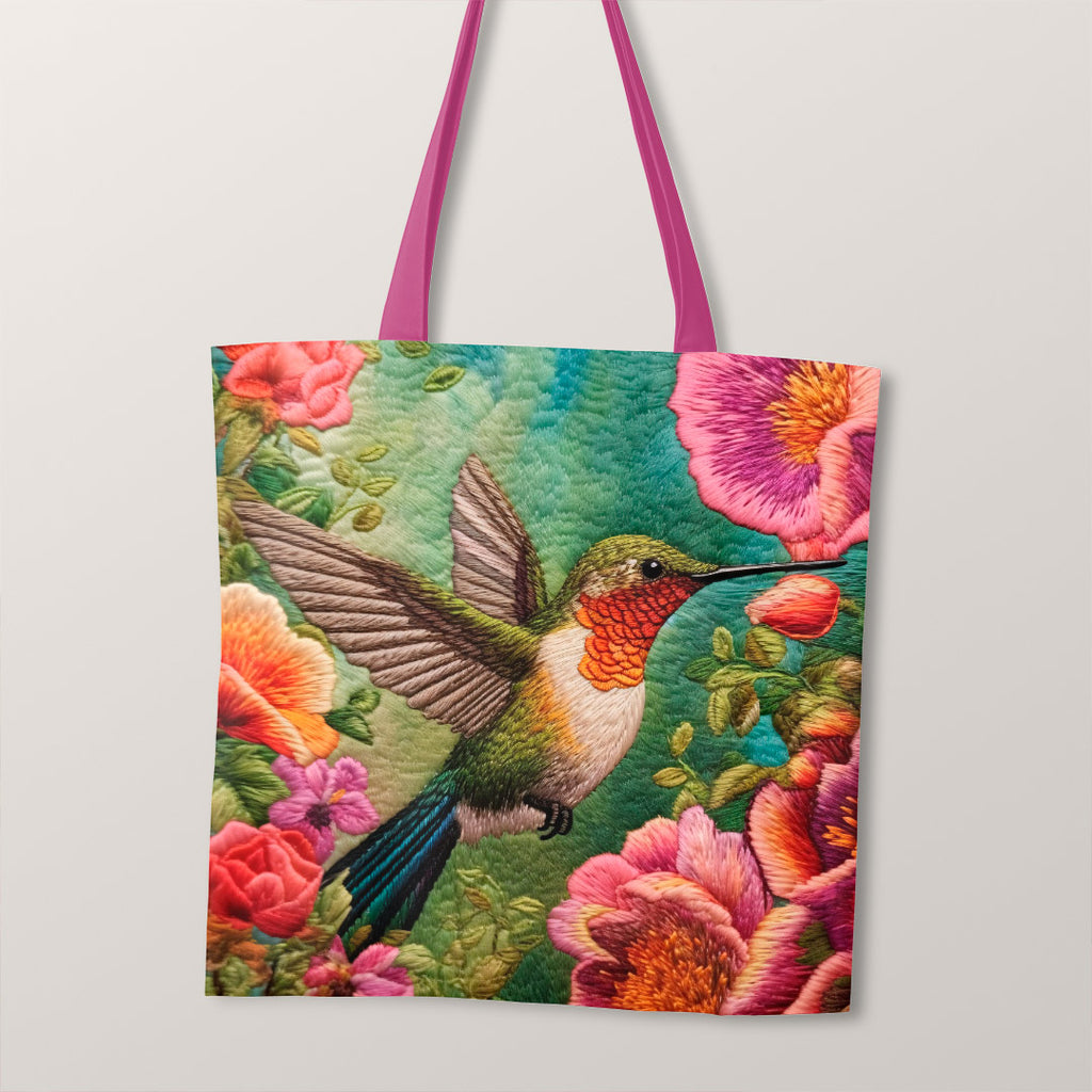 👉 PRINT ON DEMAND 👈 TOTE Embroidered Hummingbird 1 Fabric Bag Panel