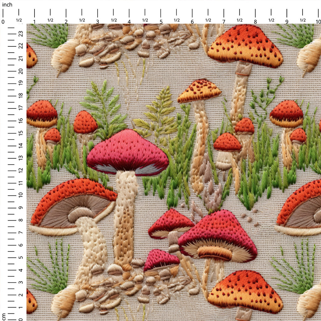 👉 PRINT ON DEMAND 👈 Mushrooms Beige Embroidery Various Fabric Bases