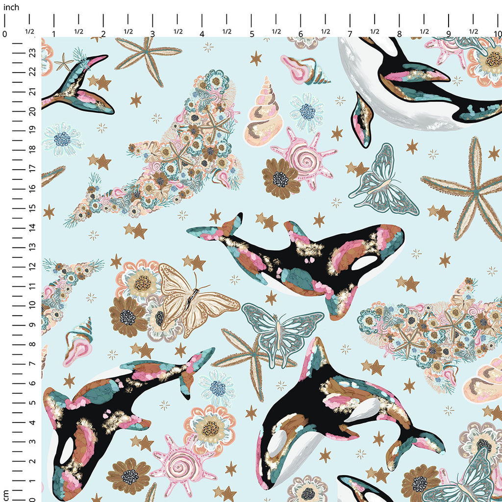 👉 PRINT ON DEMAND 👈 Floral Orcas Blue Various Fabric Bases