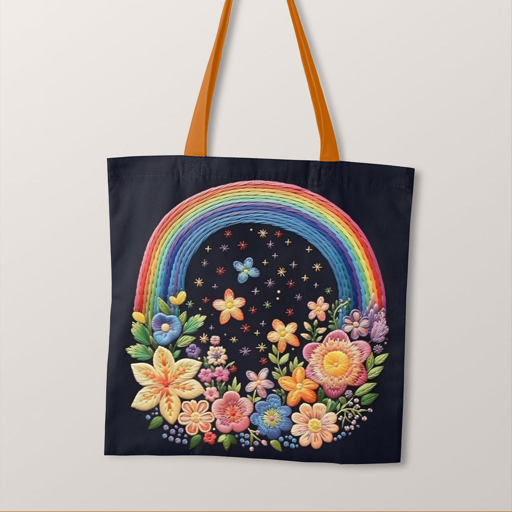 👉 PRINT ON DEMAND 👈TOTE Flowers and Rainbows Fabric Bag Panel