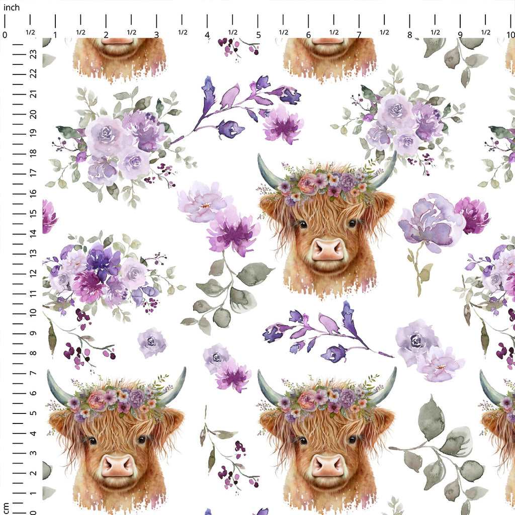 👉 PRINT ON DEMAND 👈 Floral Highland Cow Various Fabric Bases