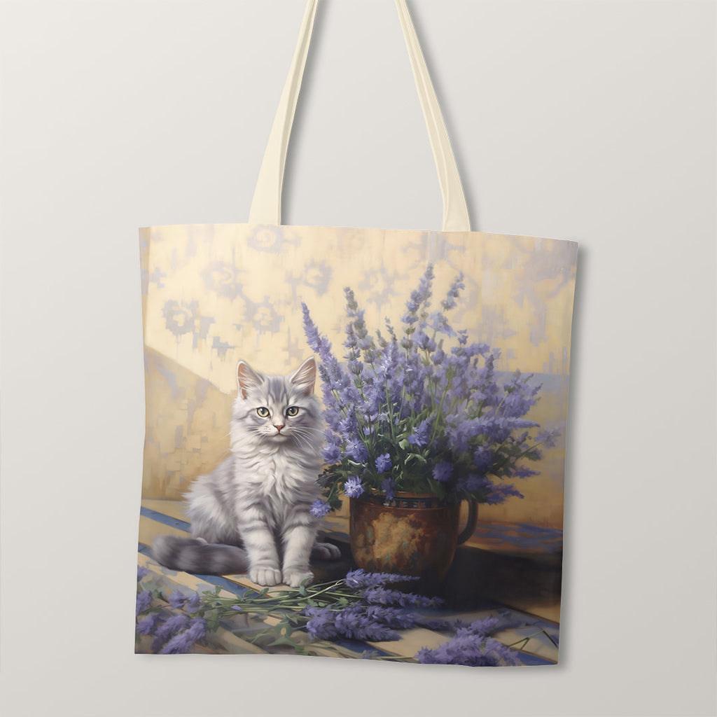 👉 PRINT ON DEMAND 👈 TOTE Lavender Cat Fabric Bag Panel