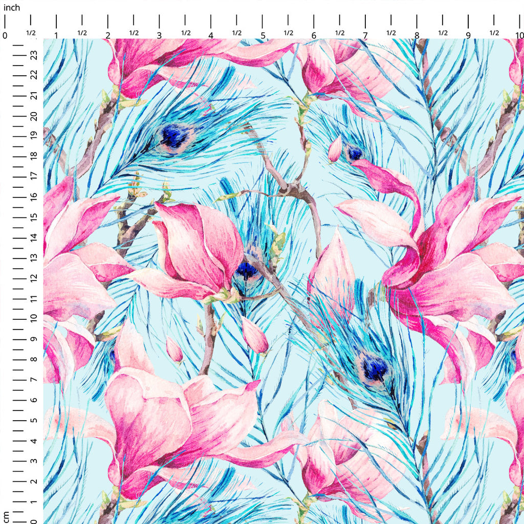 👉 PRINT ON DEMAND 👈 Magnolia and Feathers Blue Various Fabric Bases