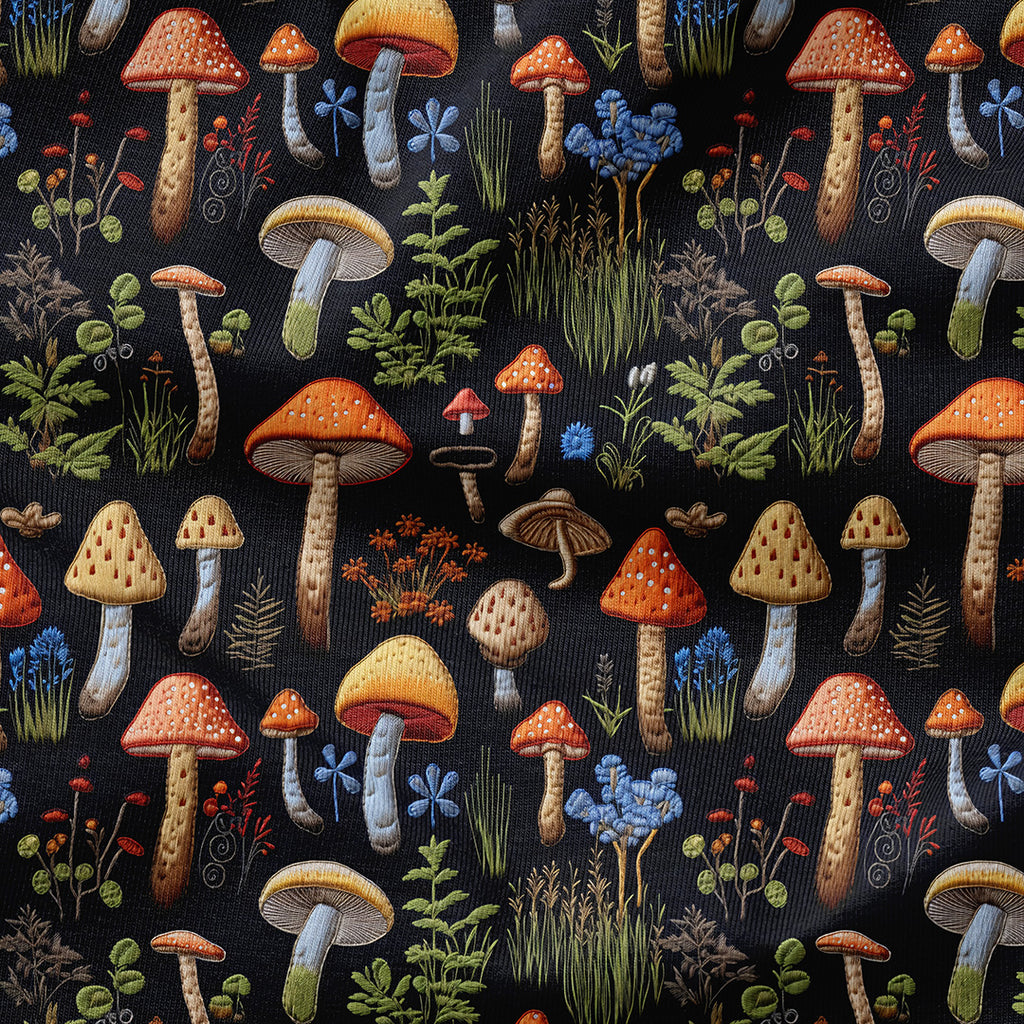 👉 PRINT ON DEMAND 👈 Mushrooms Black Embroidery Various Fabric Bases