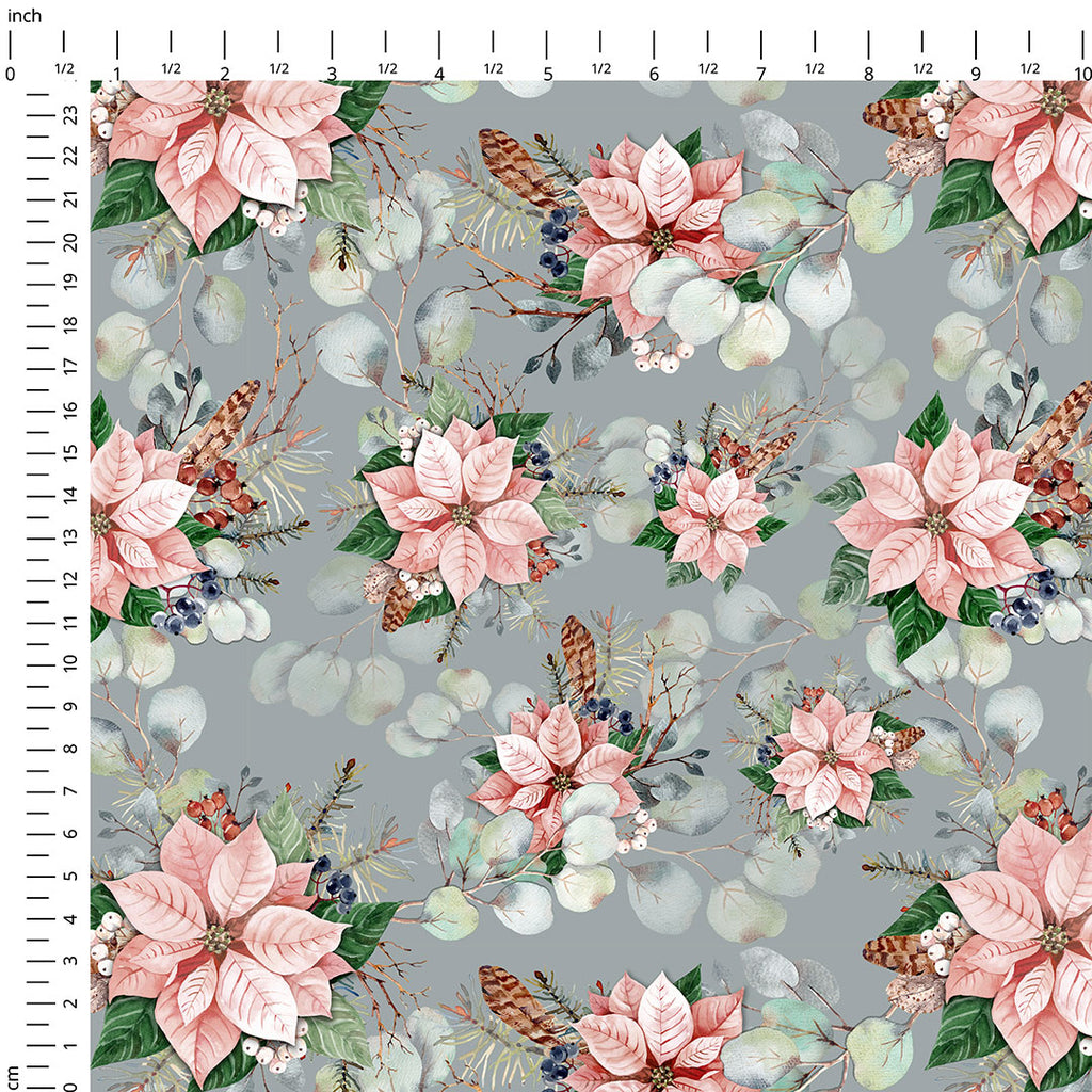 👉 PRINT ON DEMAND 👈 Pink Poinsettia Grey Various Fabric Bases