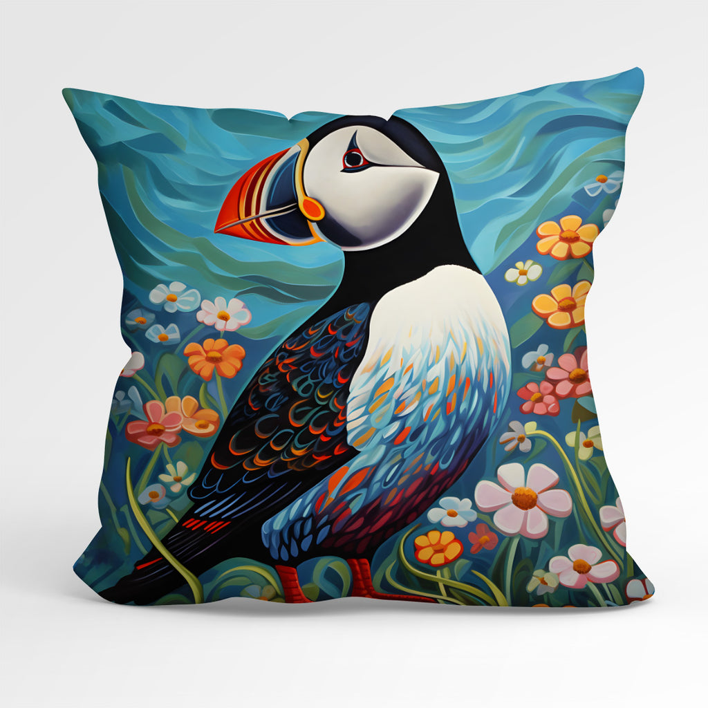 👉 PRINT ON DEMAND 👈 CUSHION Fabric Panel Puffin and Flowers