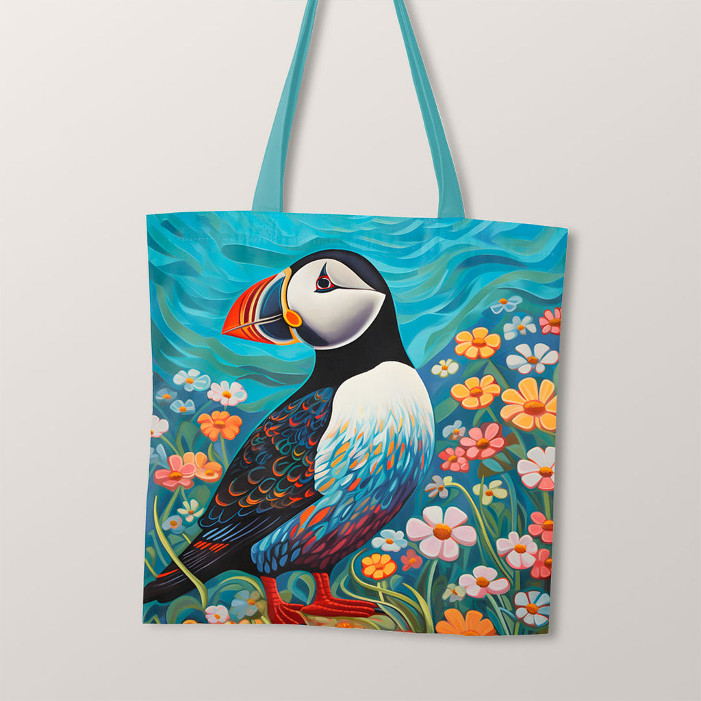 👉 PRINT ON DEMAND 👈 TOTE Puffin and Flowers Fabric Bag Panel