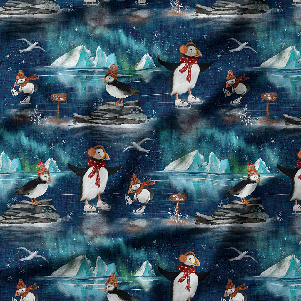 👉 PRINT ON DEMAND 👈 Puffins Ice Skating Various Fabric Bases