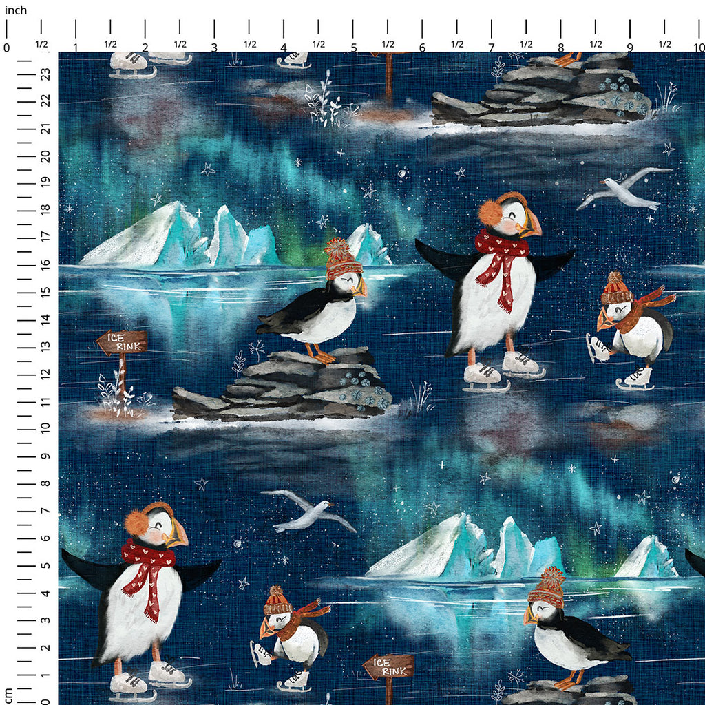 👉 PRINT ON DEMAND 👈 Puffins Ice Skating Various Fabric Bases