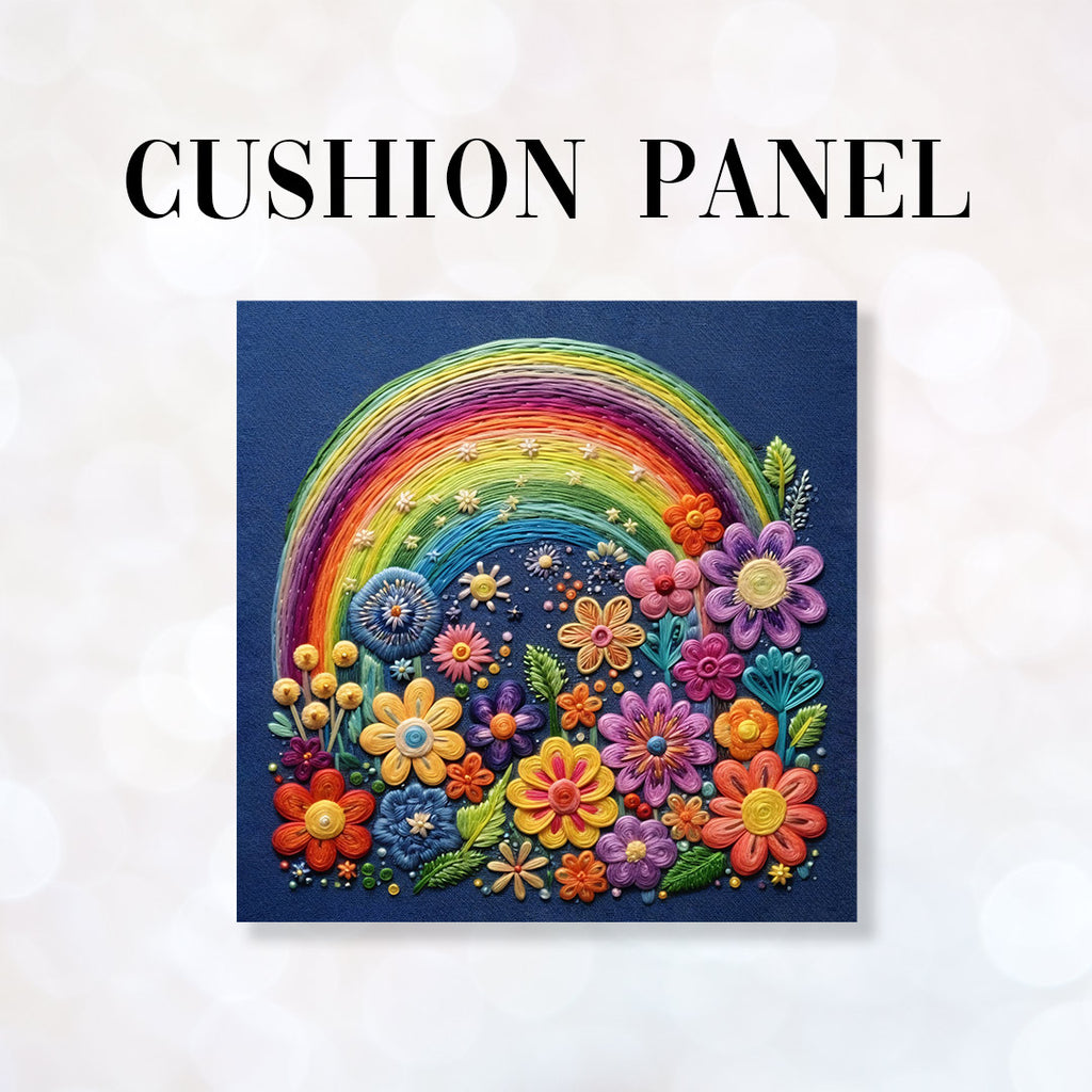 👉 PRINT ON DEMAND 👈 CUSHION Fabric Panel Rainbows and Flowers Navy