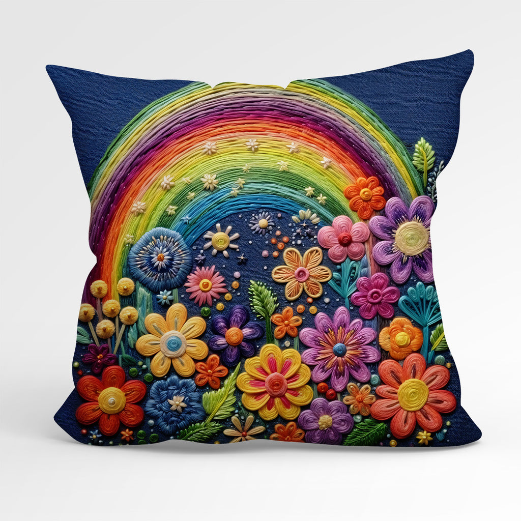 👉 PRINT ON DEMAND 👈 CUSHION Fabric Panel Rainbows and Flowers Navy