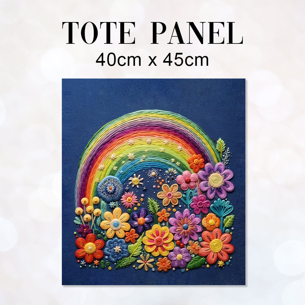 👉 PRINT ON DEMAND 👈 TOTE Rainbow and Flowers Navy Fabric Bag Panel