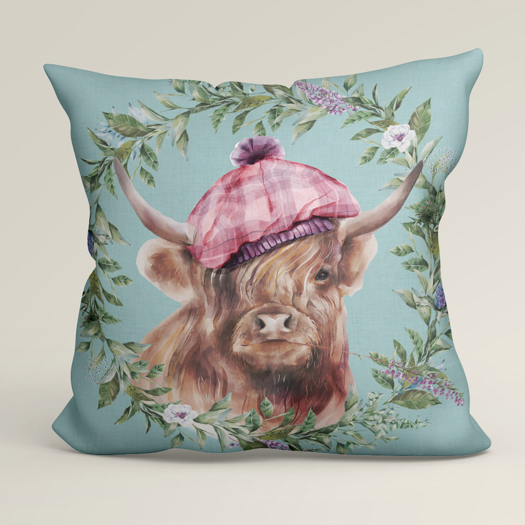 👉 PRINT ON DEMAND 👈 CUSHION Fabric Panel Highland Cow with Hat Blue SC-1
