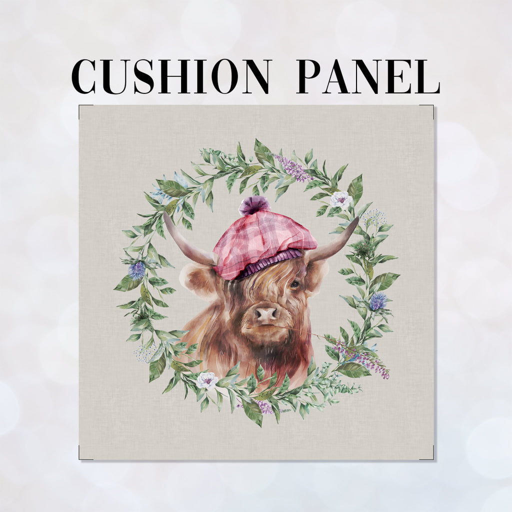 👉 PRINT ON DEMAND 👈 CUSHION Fabric Panel Highland Cow with Hat Grey SC-2