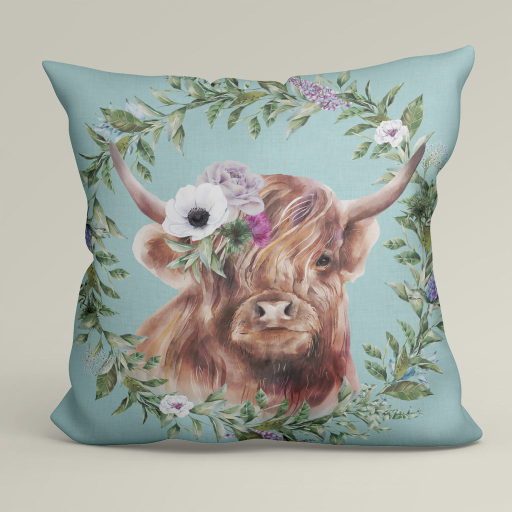 👉 PRINT ON DEMAND 👈 CUSHION Fabric Panel Highland Cow with Flower Blue SC-34