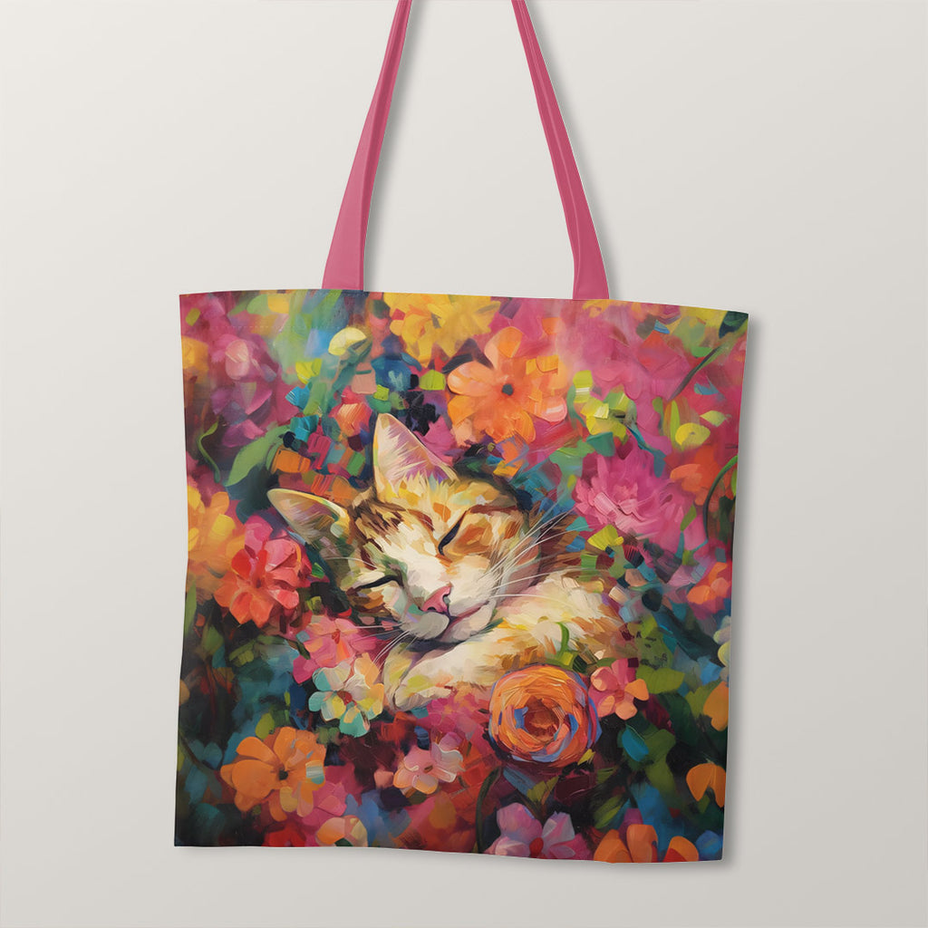 👉 PRINT ON DEMAND 👈 TOTE Sleeping Cat Amongst Flowers Fabric Bag Panel