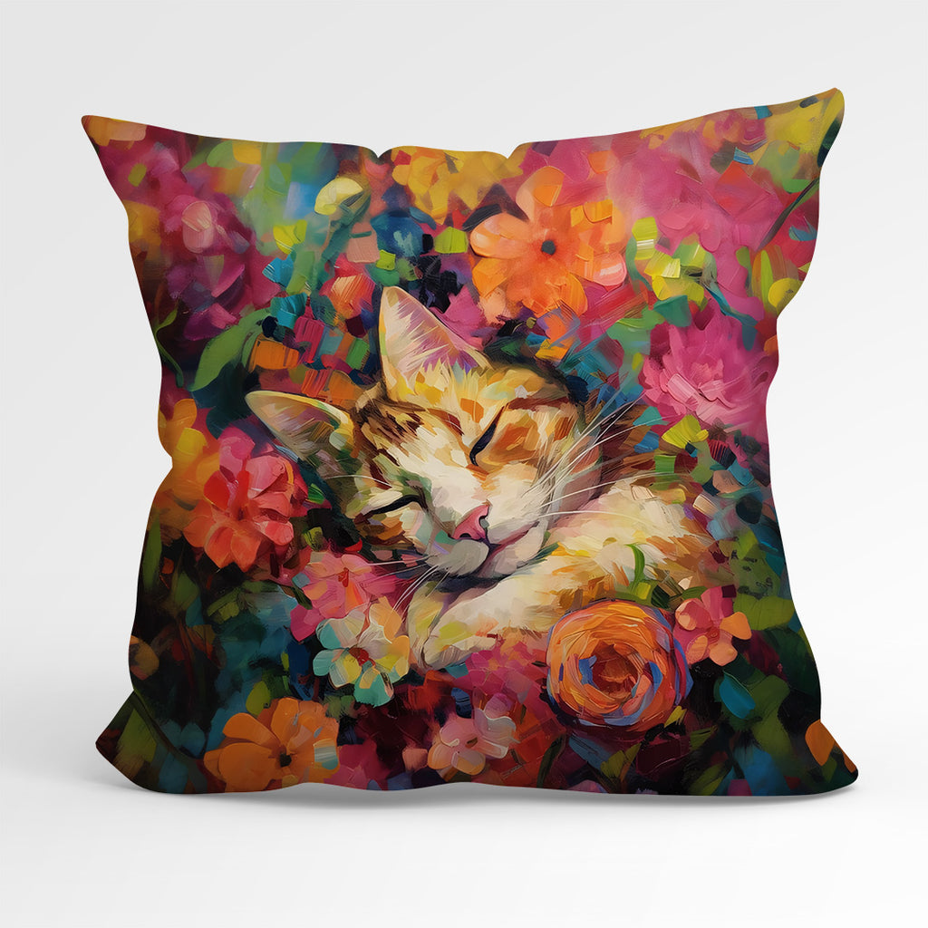 👉 PRINT ON DEMAND 👈 CUSHION Fabric Panel Sleeping Cat Amongst Flowers