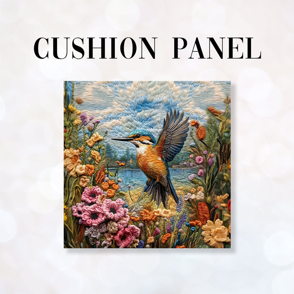 👉 PRINT ON DEMAND 👈 CUSHION Fabric Panel Embroidered Kingfisher CP-42