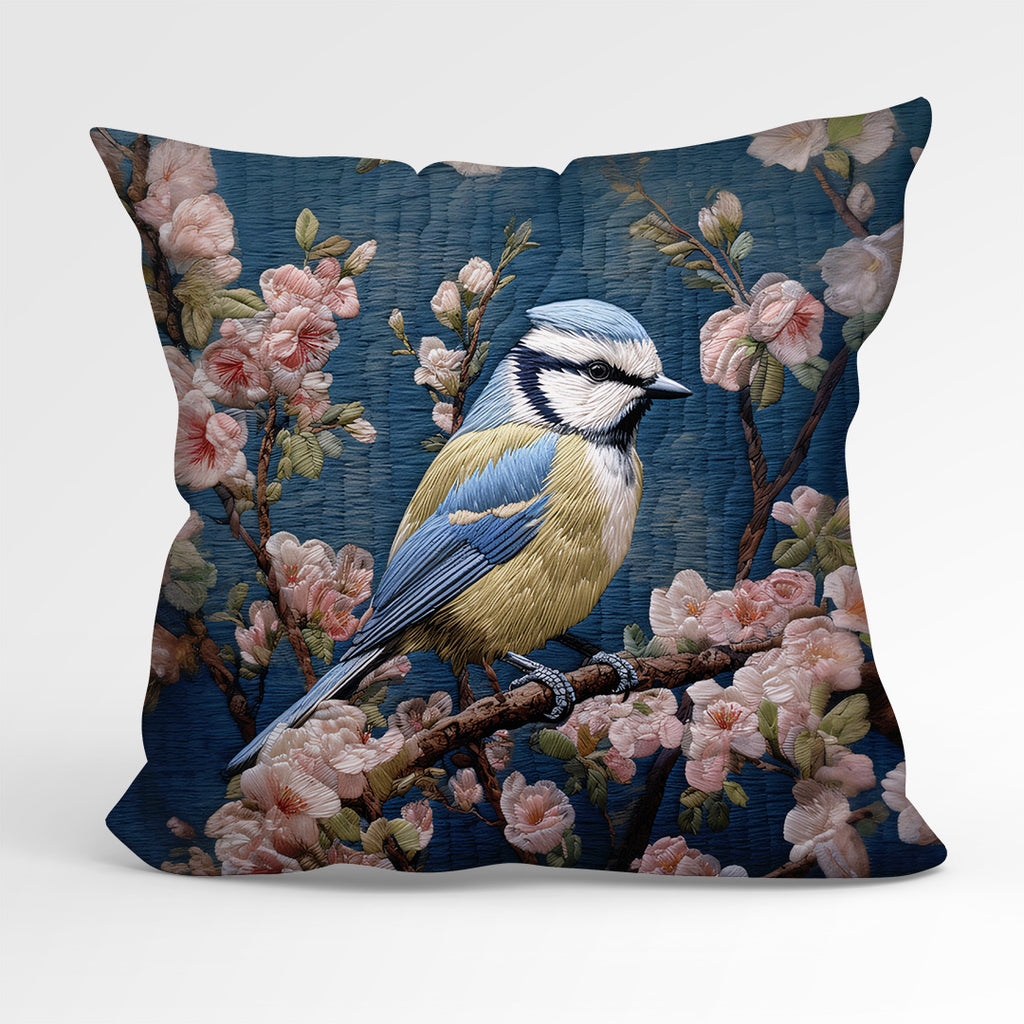 👉 PRINT ON DEMAND 👈 CUSHION Fabric Panel Embroidered Blue Tit Bird CP-43