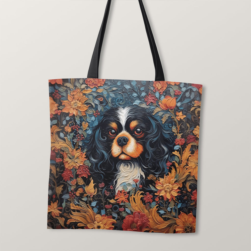 👉 PRINT ON DEMAND 👈 TOTE Floral Black and Tan King Charles Cavalier TP-81 Fabric Bag Panel