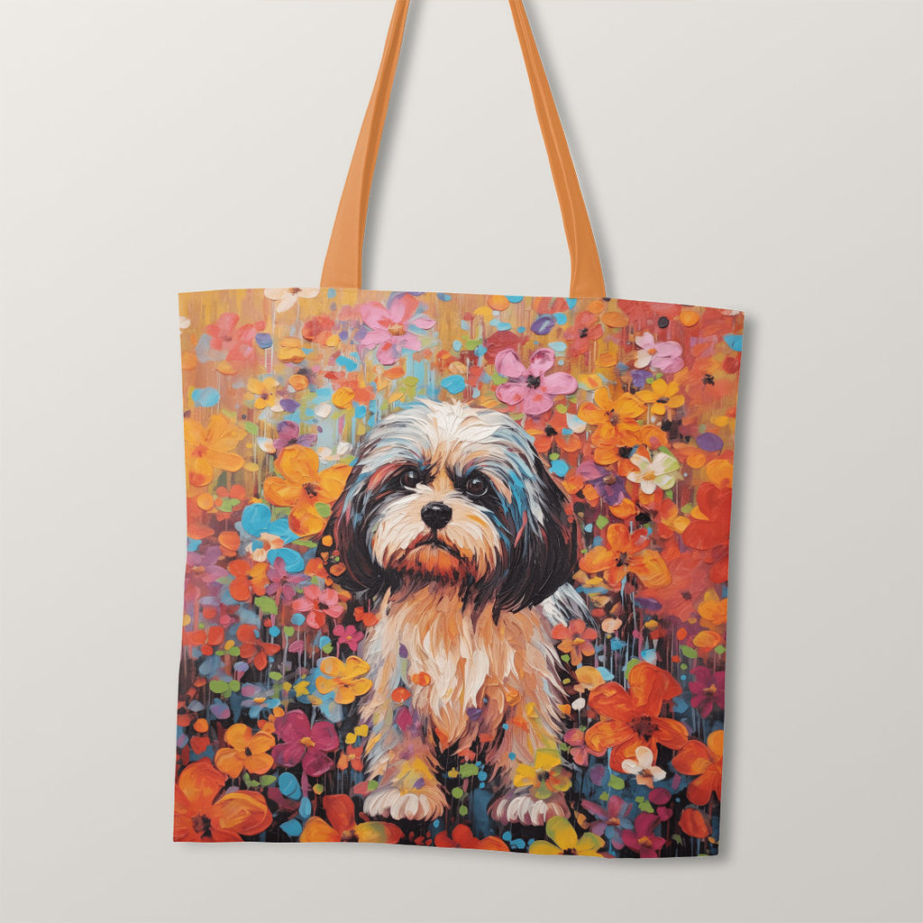 👉 PRINT ON DEMAND 👈 TOTE Bright Floral Lhasa Apso TP-89 Fabric Bag Panel