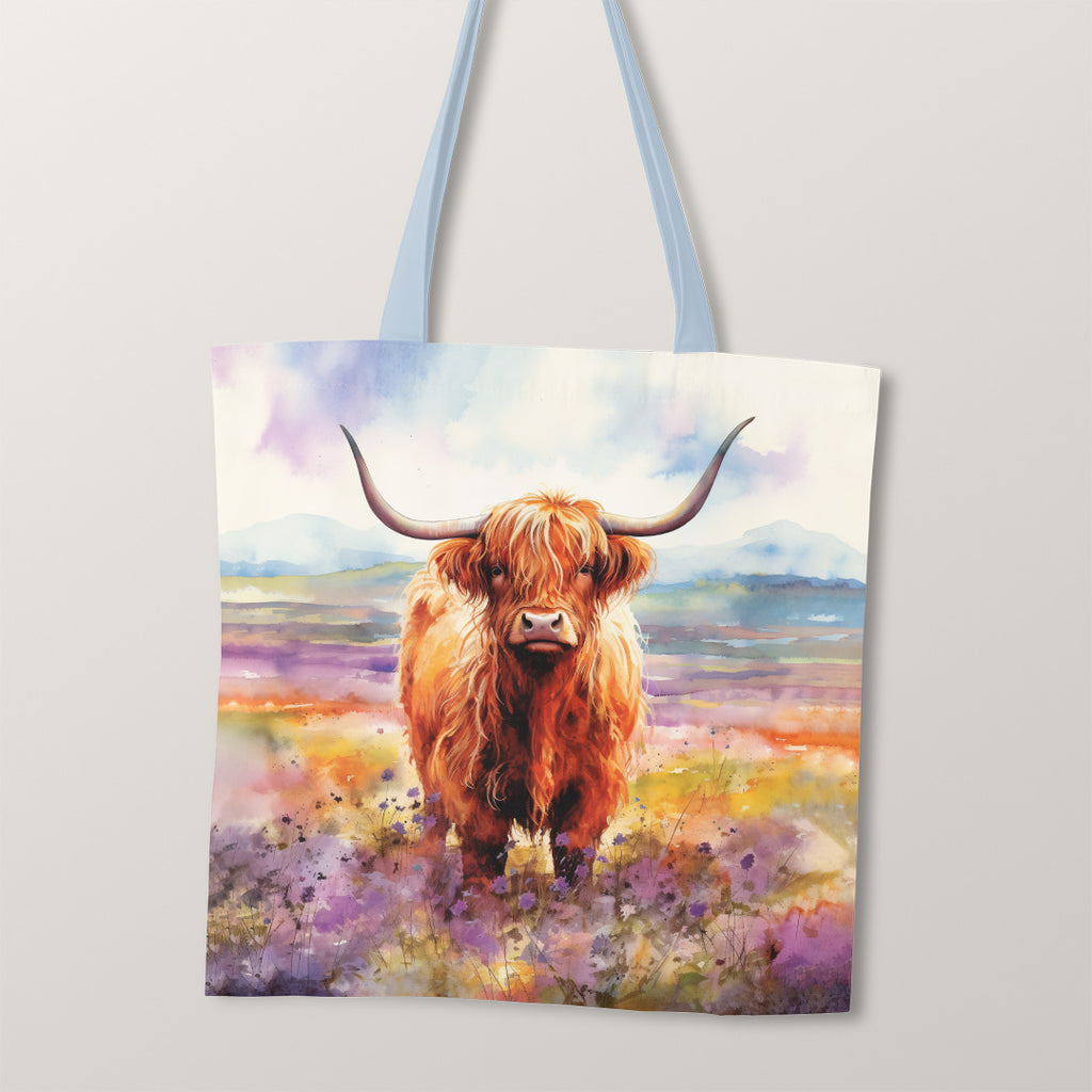 👉 PRINT ON DEMAND 👈 TOTE Watercolour Highland Cow Fabric Bag Panel