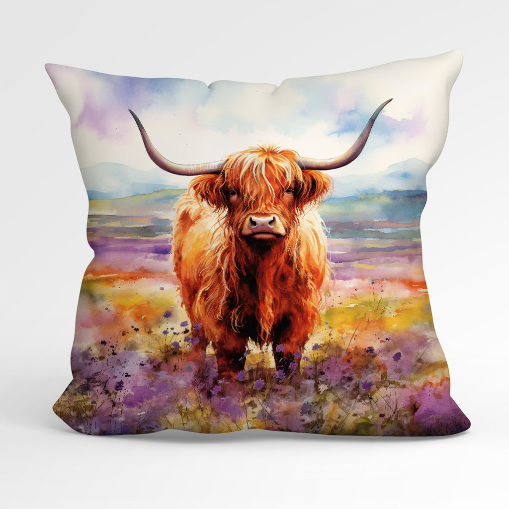 👉 PRINT ON DEMAND 👈 CUSHION Fabric Panel Watercolour Highland Cow
