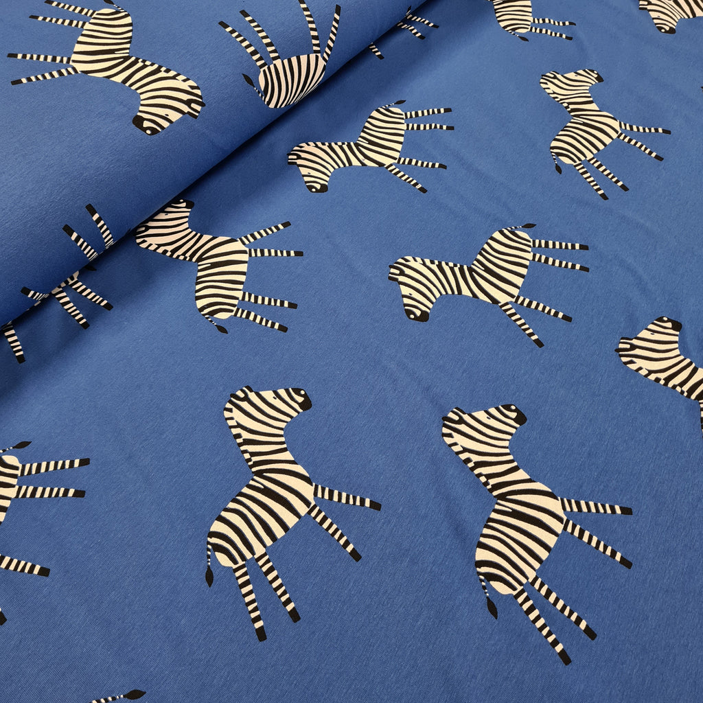 Zebras Blue Jersey, priced by half metre
