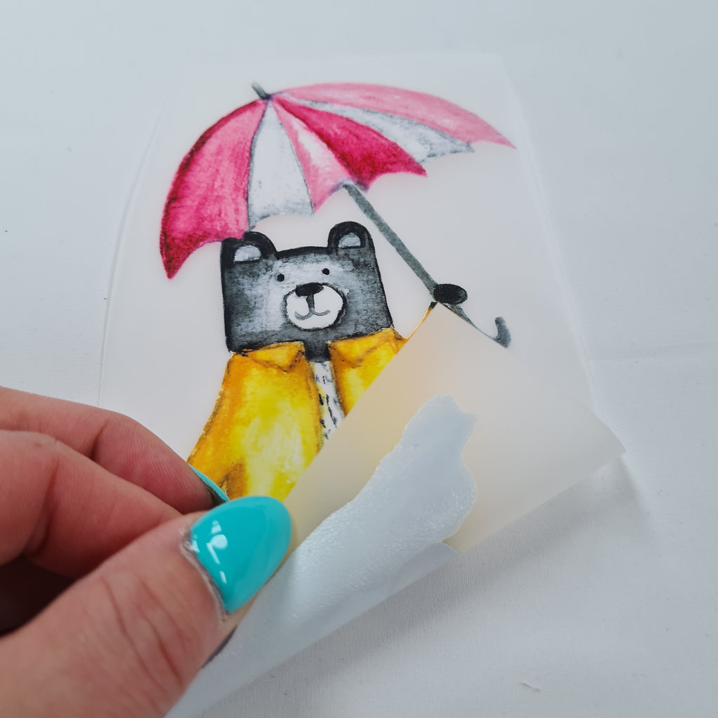 Teddy with Pink Umbrella Iron on fabric heat transfer DTF-44